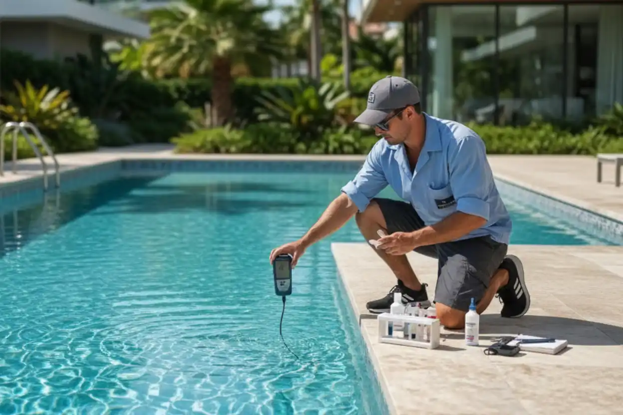 Personal de manteniment fent una analítica de l'aigua de la piscina.